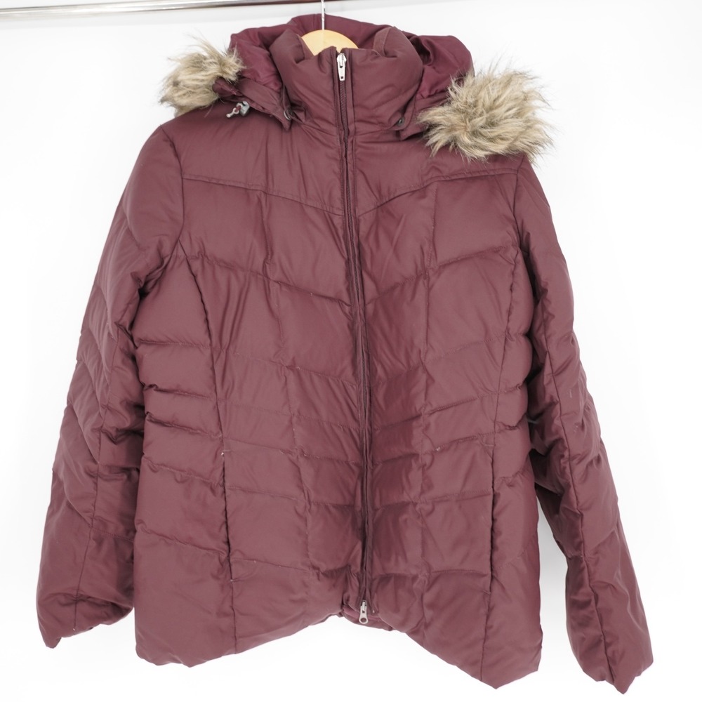 Lands End Down Puffer Jacket Womens L Burgundy Red Fur Trimmed Hood Pockets